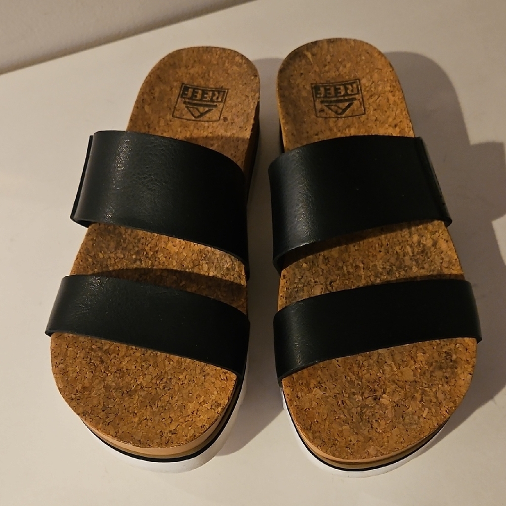 Reef Black Cork Double-Strap Slide Sandals